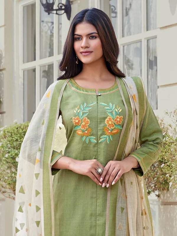 Pista green cotton silk thread work salwar suit