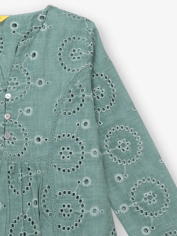 Pista green cotton silk top with cutwork