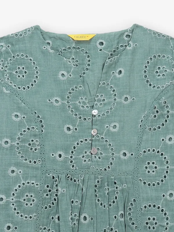 Pista green cotton silk top with cutwork