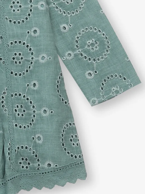 Pista green cotton silk top with cutwork