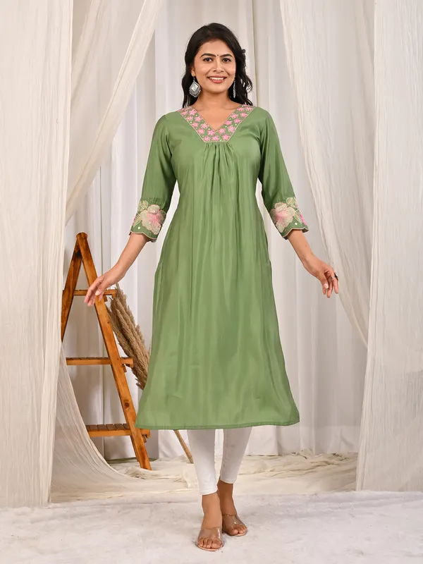 Pista green cotton silk V neck latest kurti