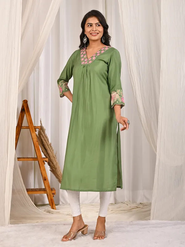 Pista green cotton silk V neck latest kurti