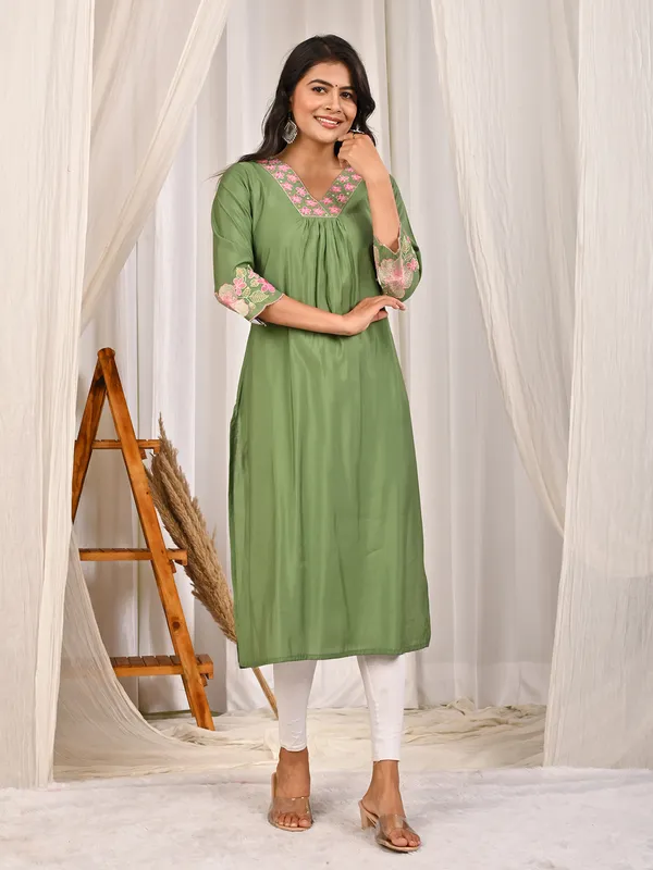 Pista green cotton silk V neck latest kurti