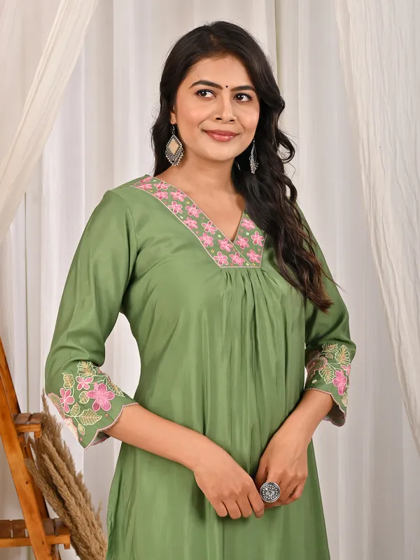 Pista green cotton silk V neck latest kurti
