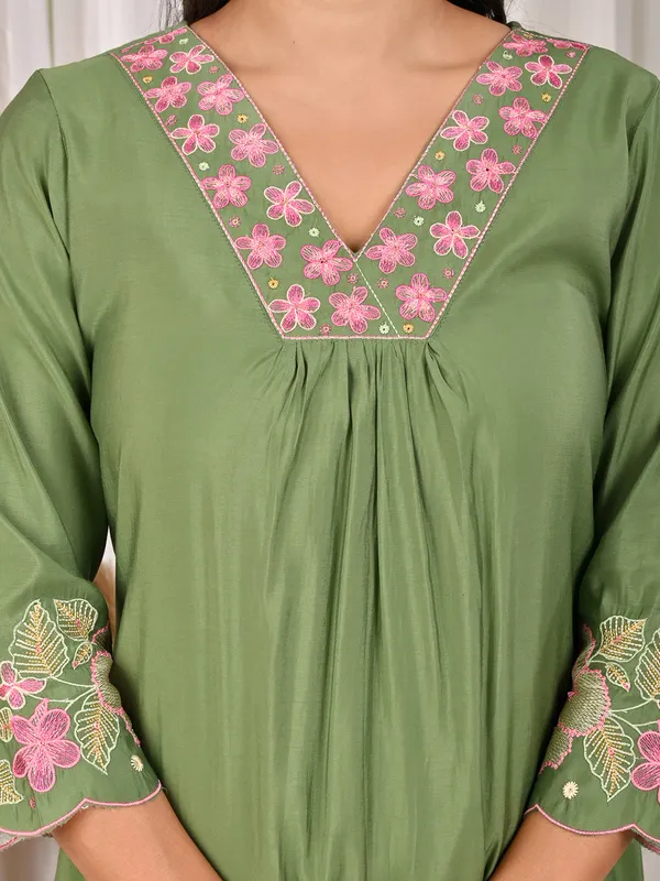 Pista green cotton silk V neck latest kurti