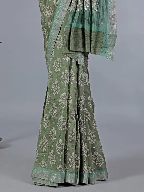 Pista green cotton wedding wear saree for women