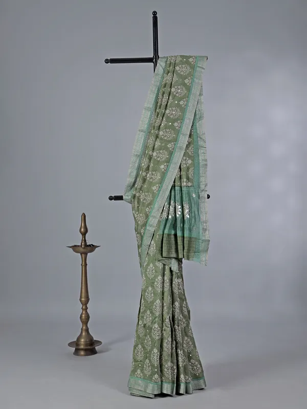 Pista green cotton wedding wear saree for women