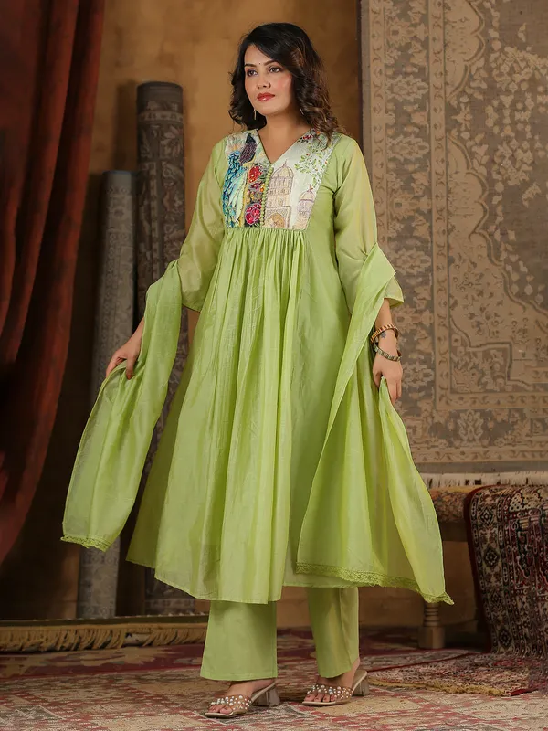 Pista green cotton yoke style kurti set