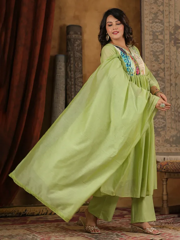 Pista green cotton yoke style kurti set