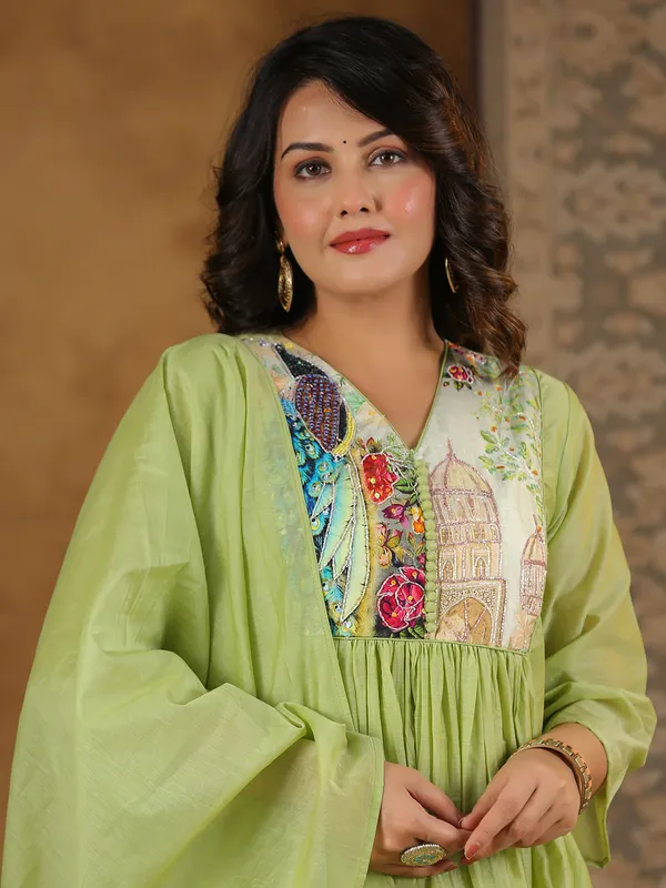 Pista green cotton yoke style kurti set