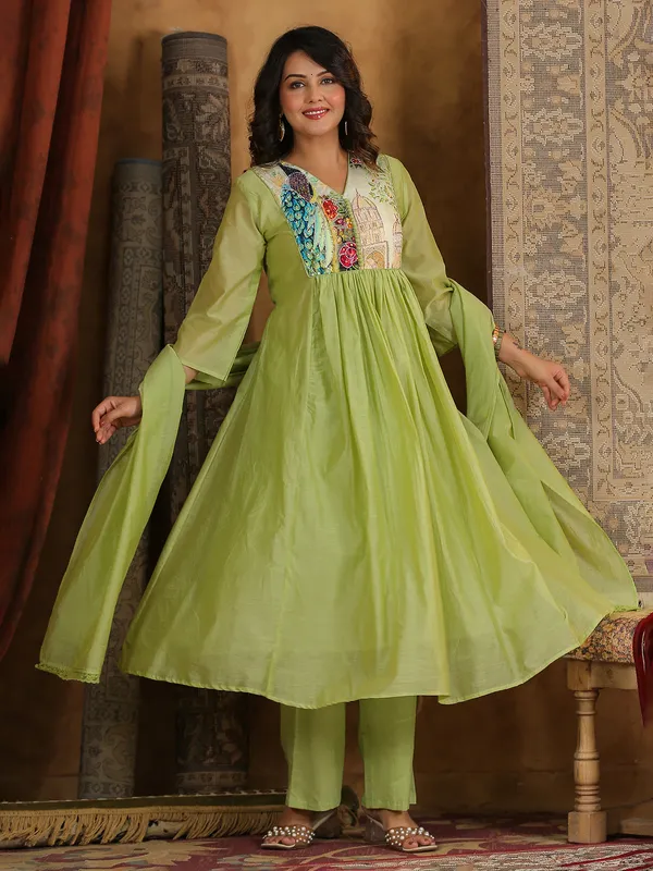 Pista green cotton yoke style kurti set