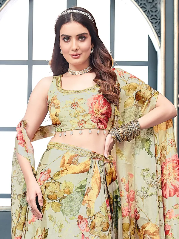 Pista green crepe printed indowestern