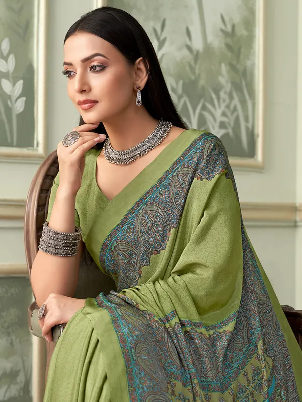 Pista green crepe saree with print