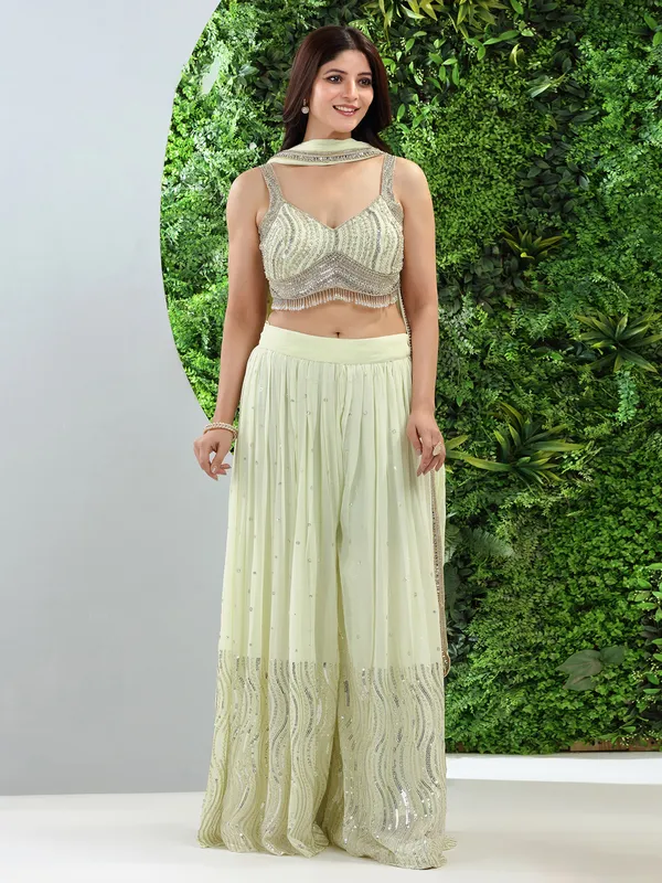 Pista green crop top style palazzo suit