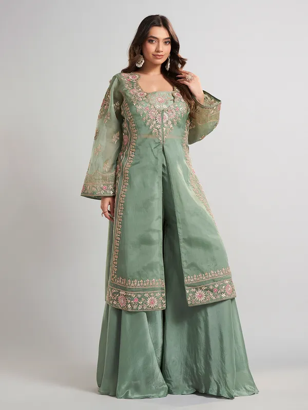Pista green designer pakistani tissue and satin silk palazzo suit