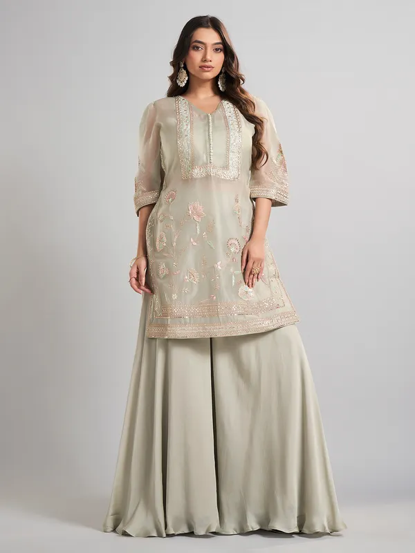 Pista green designer tissue and satin silk palazzo suit