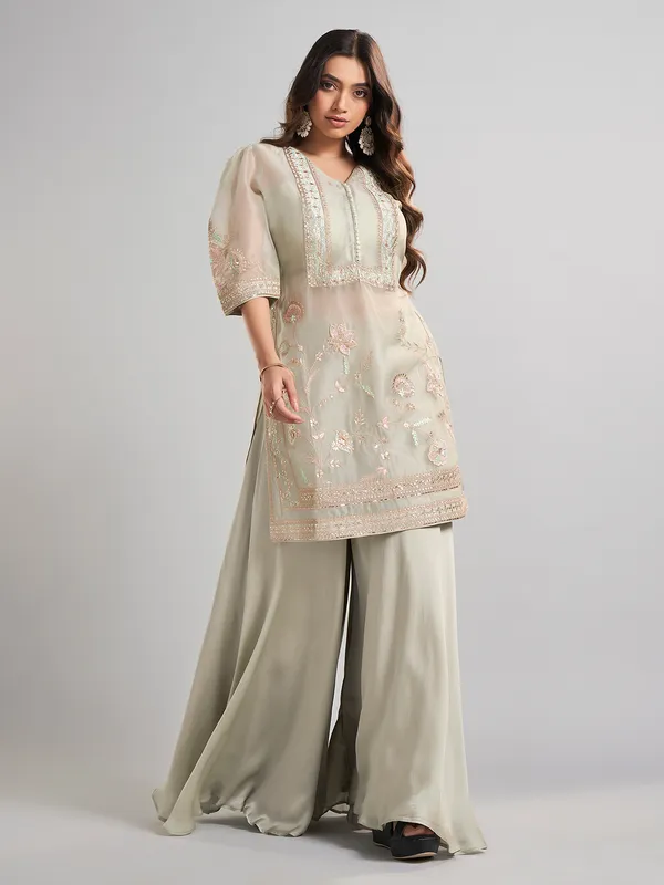 Pista green designer tissue and satin silk palazzo suit