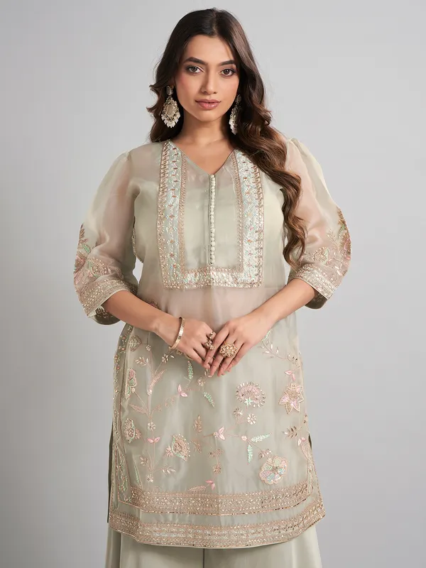 Pista green designer tissue and satin silk palazzo suit