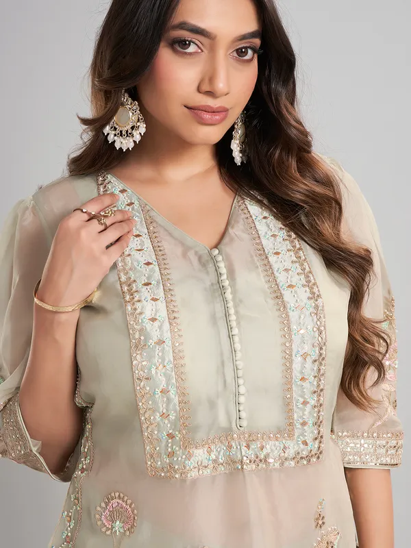 Pista green designer tissue and satin silk palazzo suit