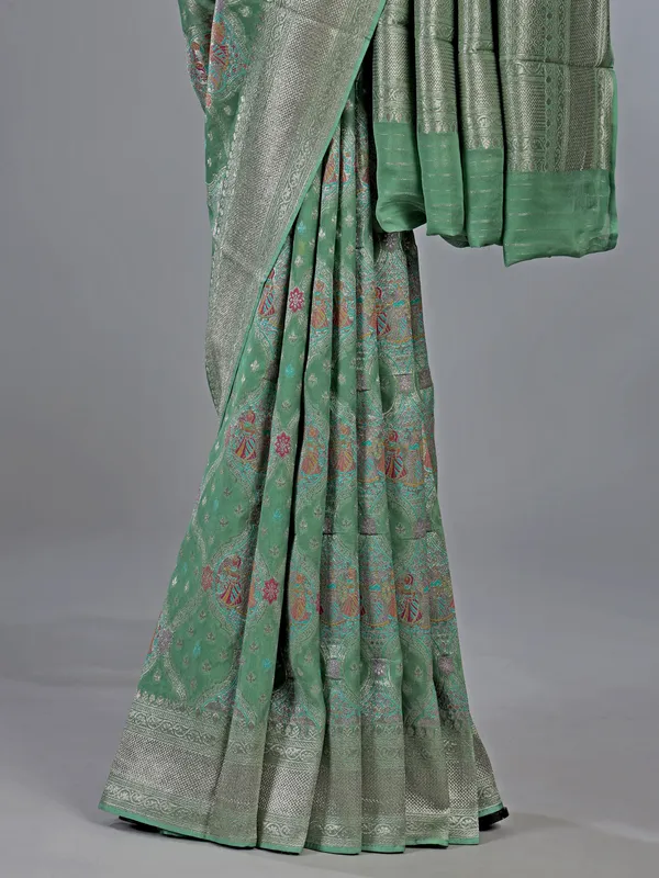 Pista green dola silk saree for festival