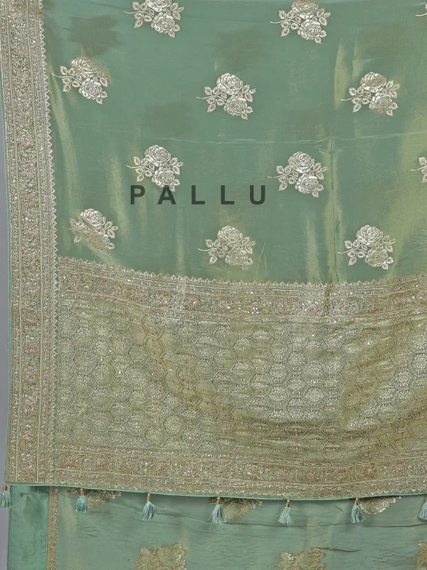 Pista green dola silk saree with zardosi detailing