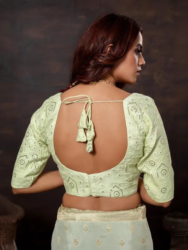 Pista green dola silk saree with zari glow