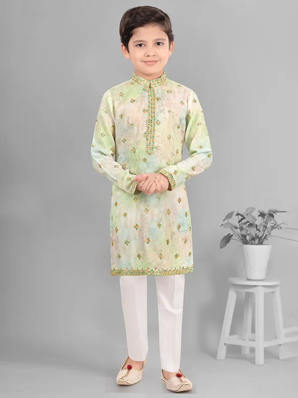Pista green festive style kurta suit in embroidery for boys