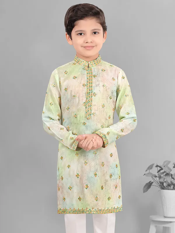 Pista green festive style kurta suit in embroidery for boys