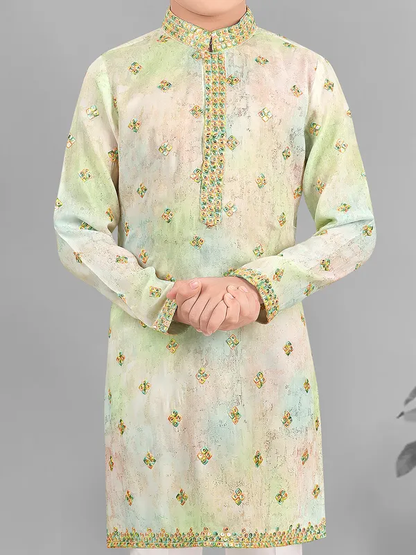 Pista green festive style kurta suit in embroidery for boys
