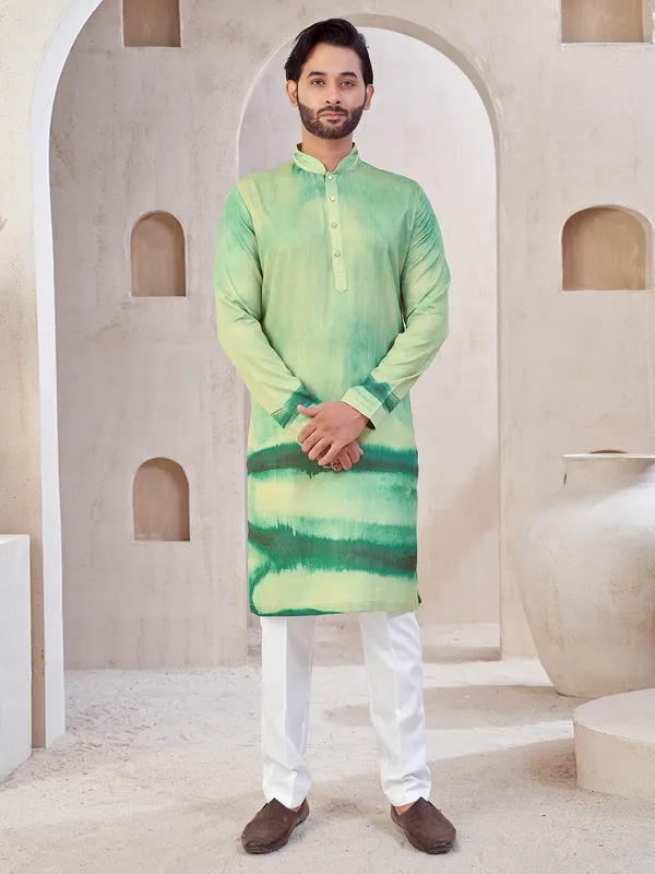 Pista green festive wear kurta suit in cotton