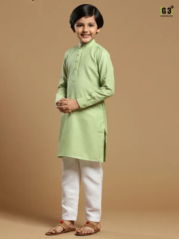 Pista green festive wear solid boys kurta set in cotton