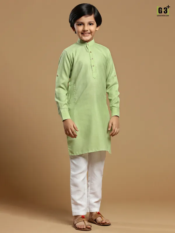 Pista green festive wear solid boys kurta set in cotton