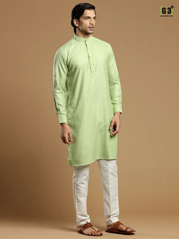 Pista green festive wear solid men kurta set in cotton