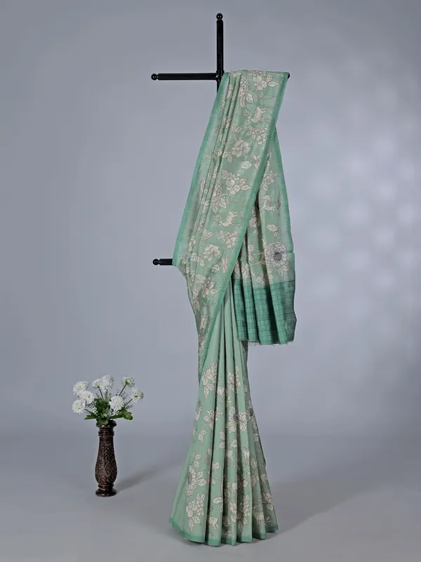 Pista green floral printed art silk saree with resham work