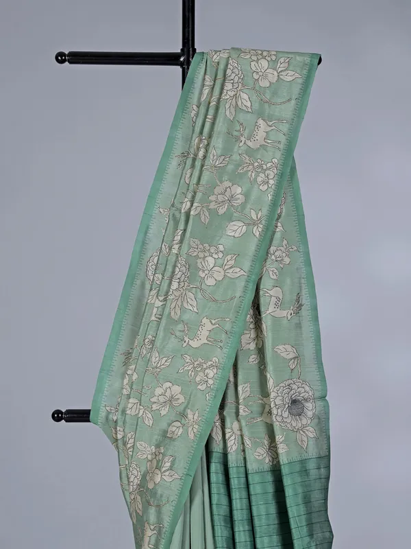 Pista green floral printed art silk saree with resham work
