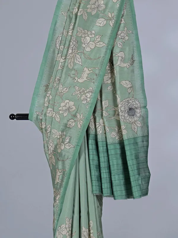 Pista green floral printed art silk saree with resham work