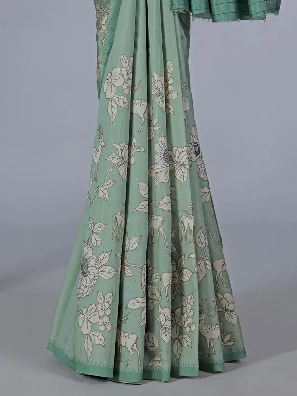 Pista green floral printed art silk saree with resham work