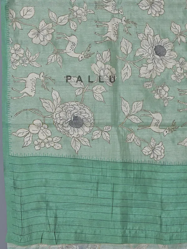 Pista green floral printed art silk saree with resham work