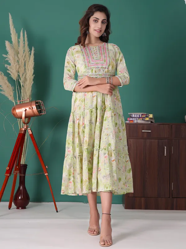 Pista green floral printed cotton kurti
