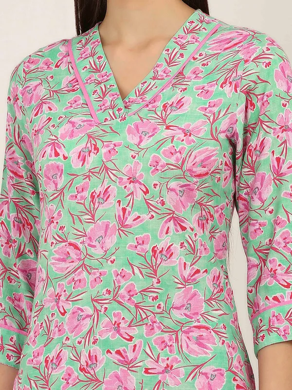 Pista green floral printed cotton silk kurti