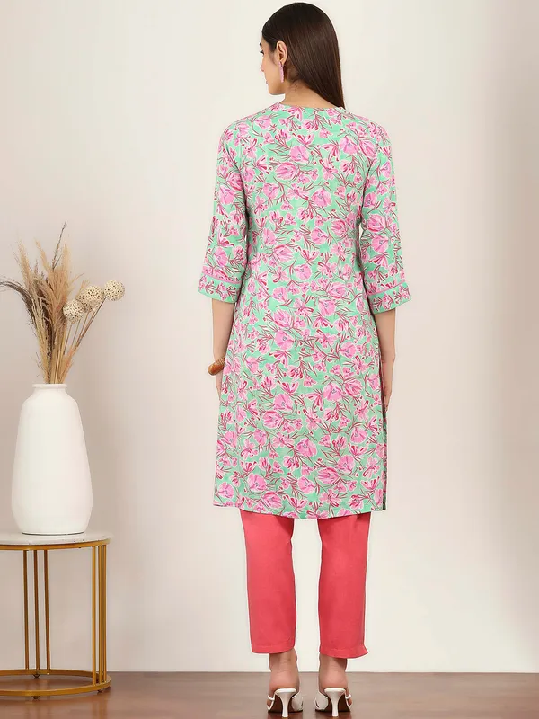 Pista green floral printed cotton silk kurti