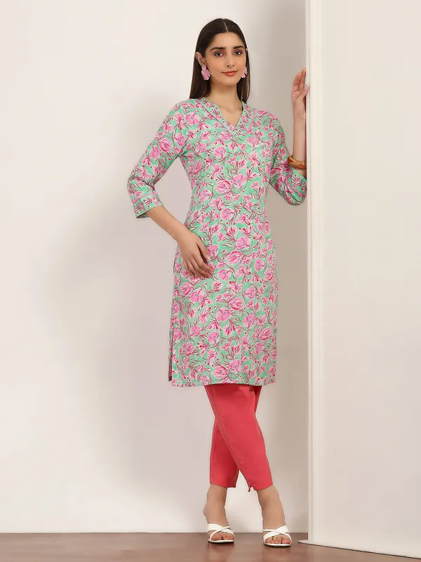 Pista green floral printed cotton silk kurti