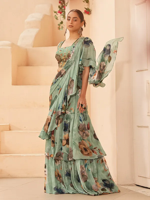 Pista green floral printed pre-stitched saree