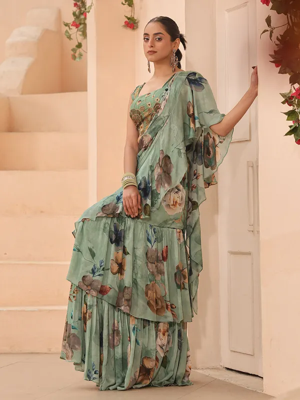 Pista green floral printed pre-stitched saree