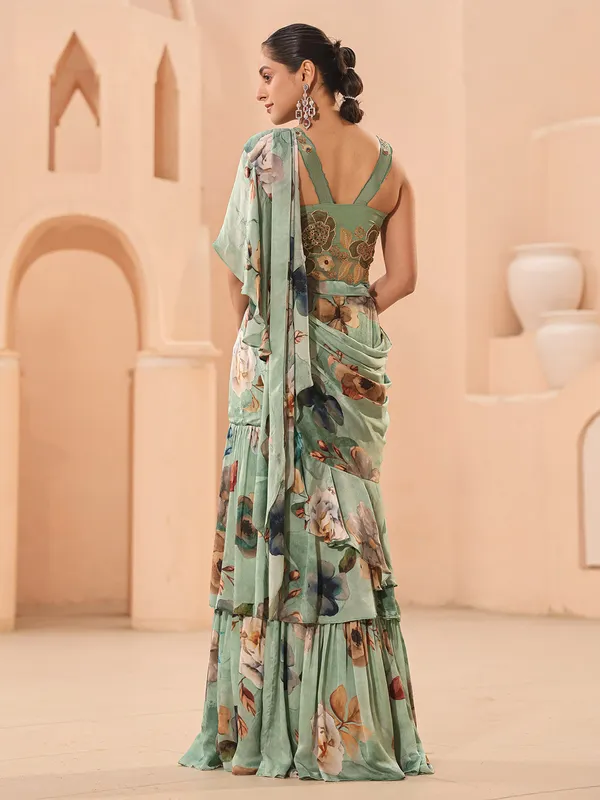 Pista green floral printed pre-stitched saree