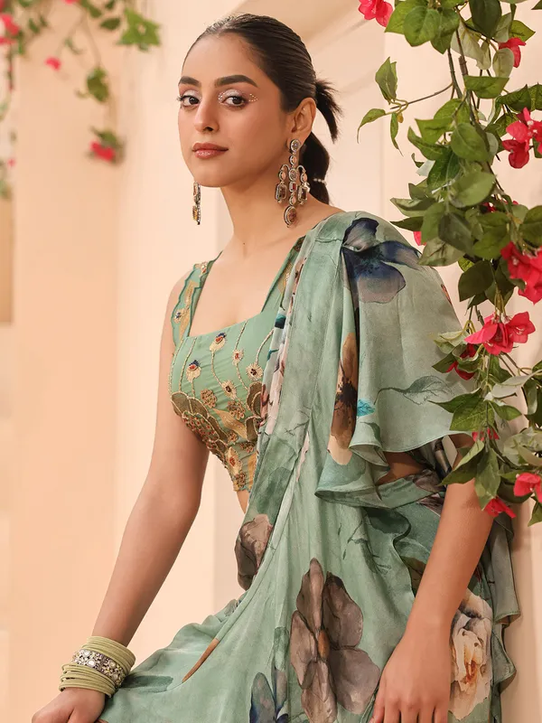 Pista green floral printed pre-stitched saree