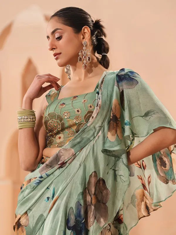 Pista green floral printed pre-stitched saree