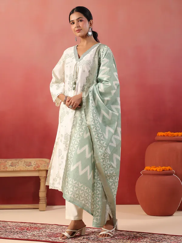 Pista green floral printed silk kurti set