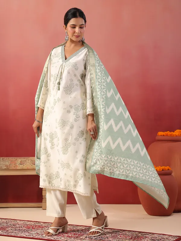 Pista green floral printed silk kurti set