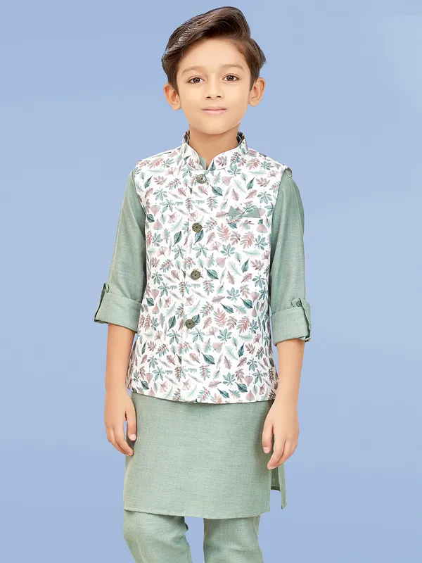 Pista green floral printed silk waistcoat set for boys